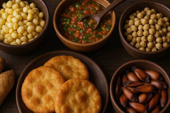 Mote, pebre, sopaipillas y piñones en fuentes de madera