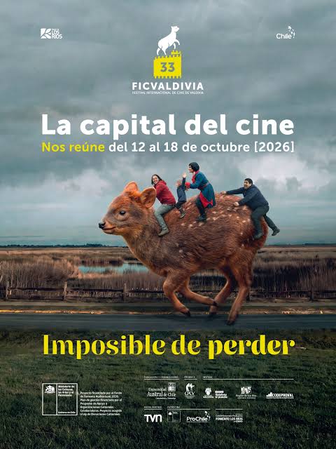 Afiche del 33 FICValdivia: cuatro personas montadas en un pudú gigante